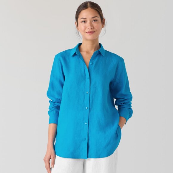 EILEEN FISHER Organic Handkerchief Linen Classic Collar Shirt, Oahu Blue, PM - Picture 1 of 12